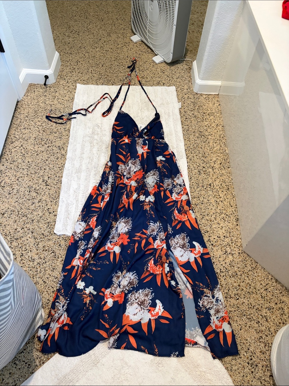 Navy Floral Halter Maxi Dress with Orange Accents backless size small